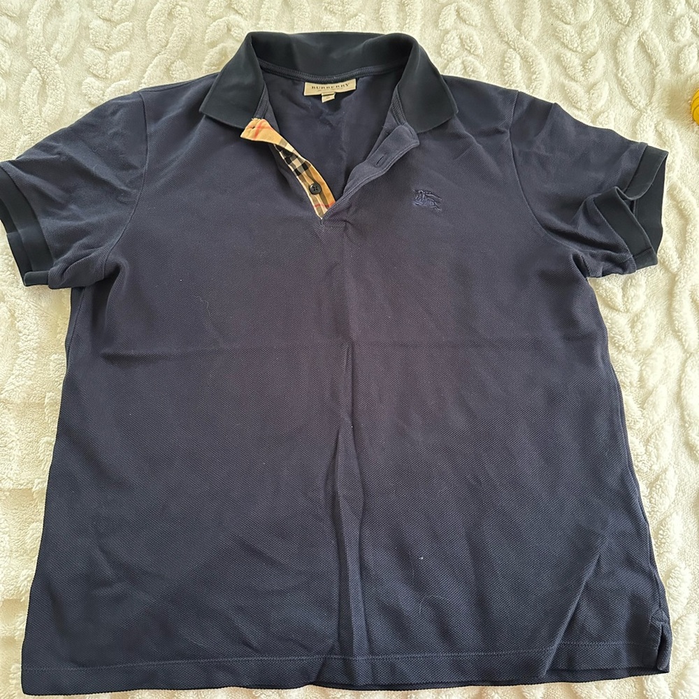 Burberry Dark Blue Polo Shirt with Check Detail